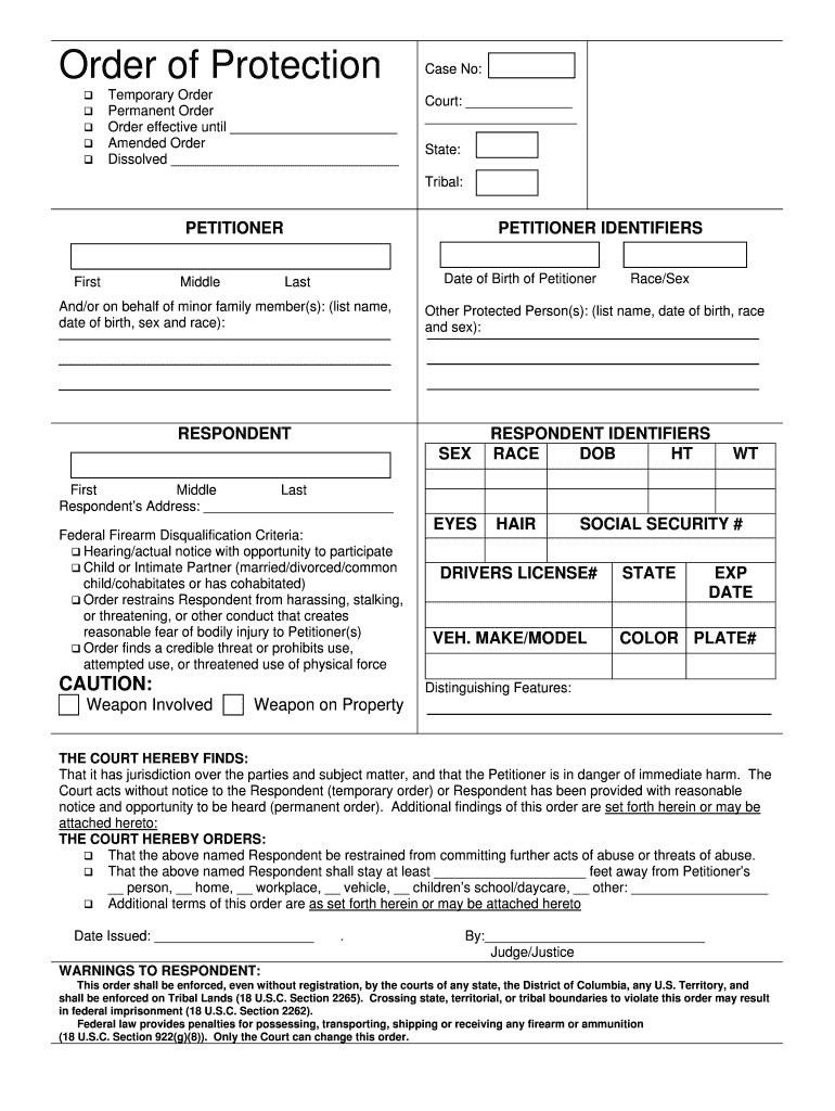 Order of Protection Cover Sheet Only  Form