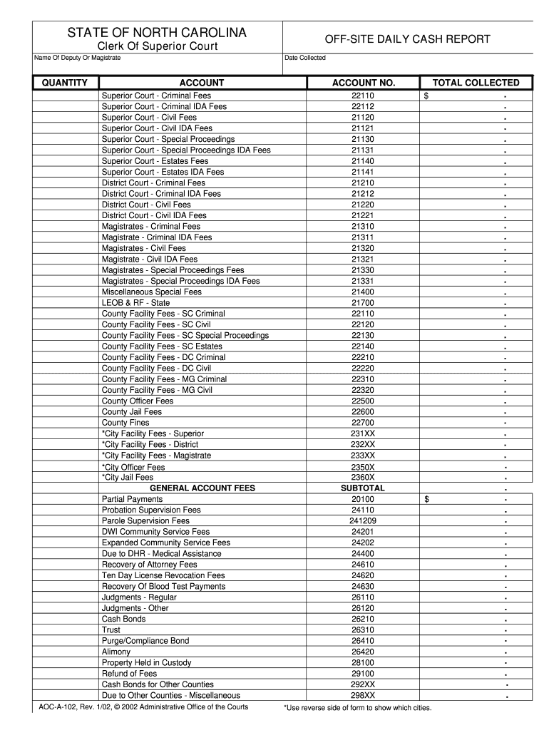 Off Site Daily Cash ReportNorth Carolina Judicial Branch  Form