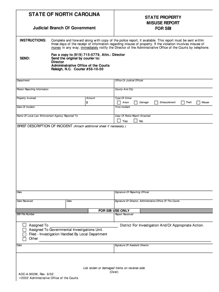 State Property Incident Report SBI 78 Form North Carolina