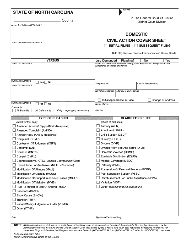 Domestic Civil Action Cover Sheet Subsequent Filing Fill  Form