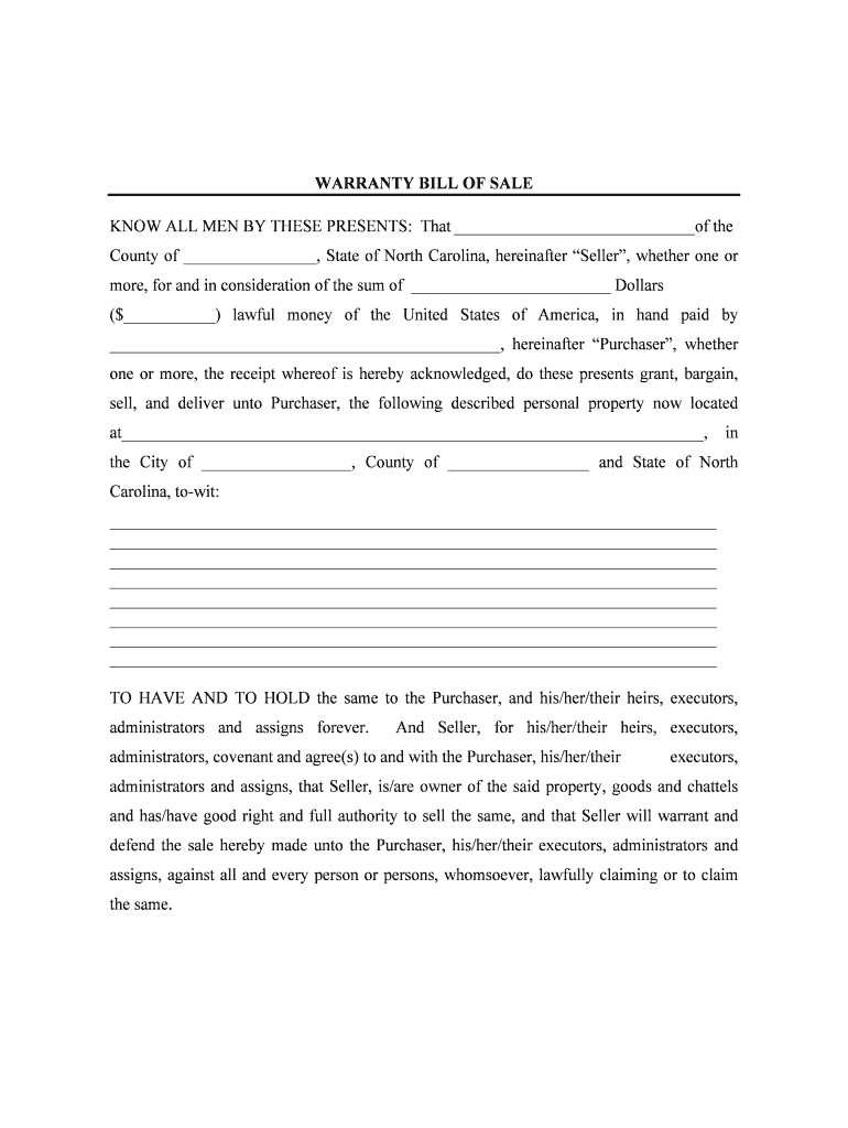 North Carolina Motor Vehicle Bill of Sale Form SFN