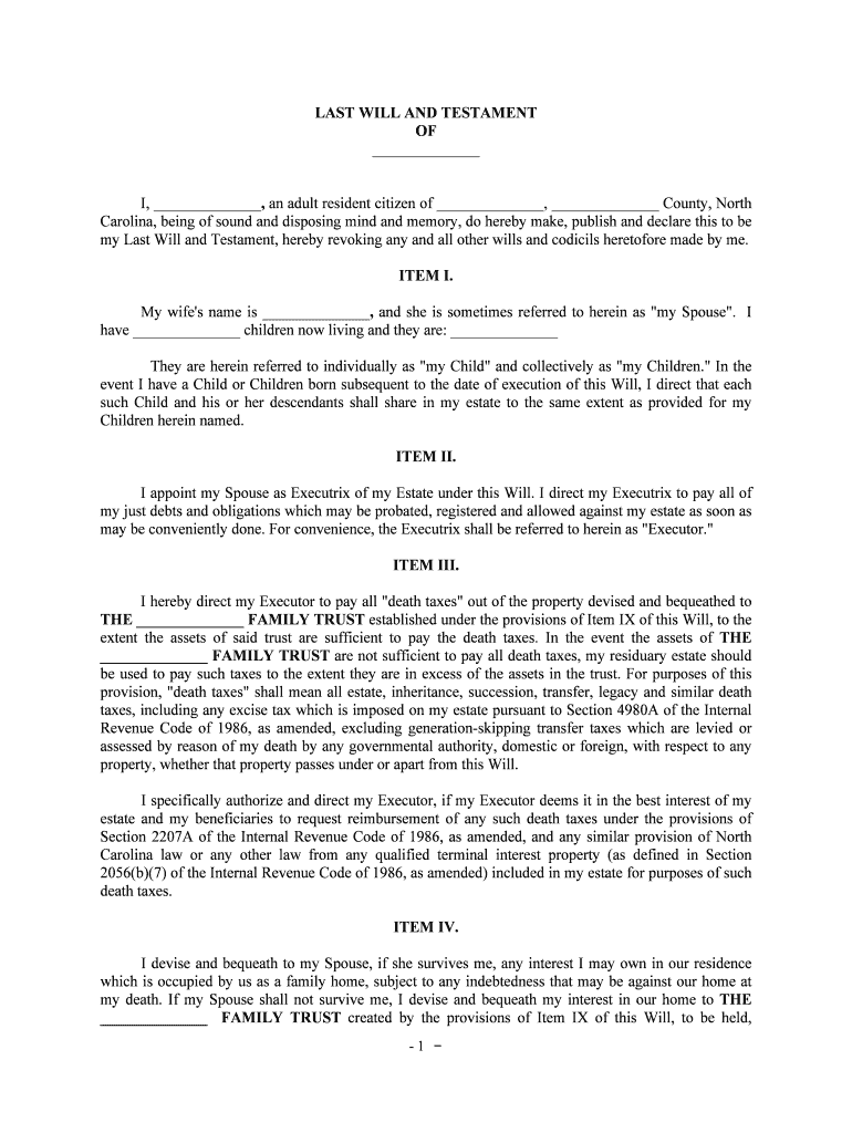 Bill of Sale Form North Carolina Last Will and Testament