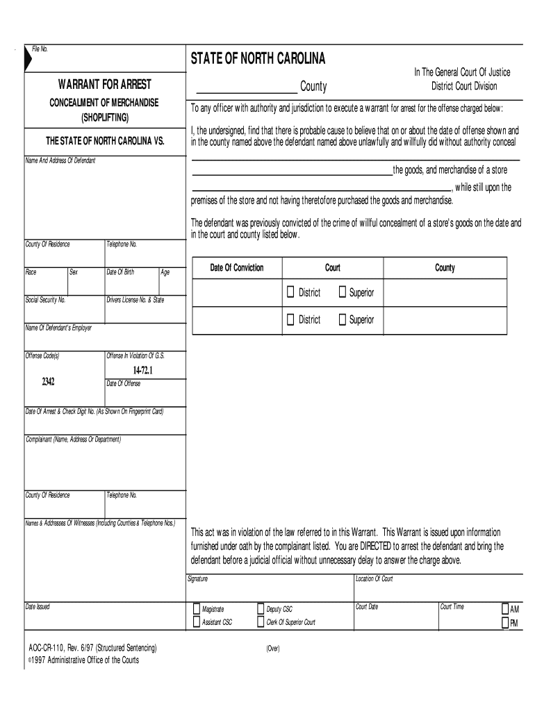 STATE of NORTH CAROLINA WARRANT for ARREST  Form