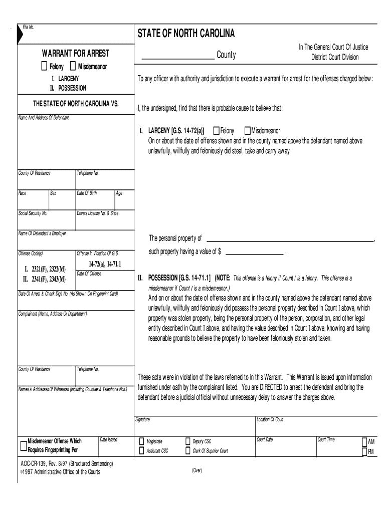 G S 15A 304 Page 115A 304 Warrant for Arrest a  Form