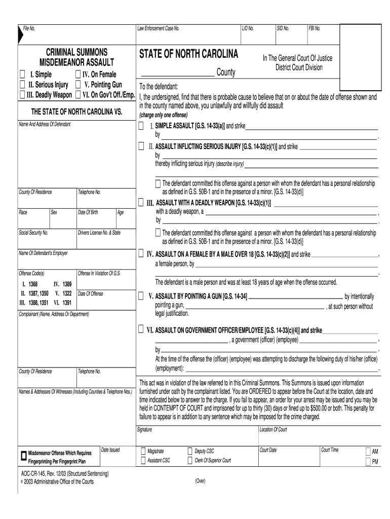 Criminal Summons Misdemeanor Assault North Justia  Form