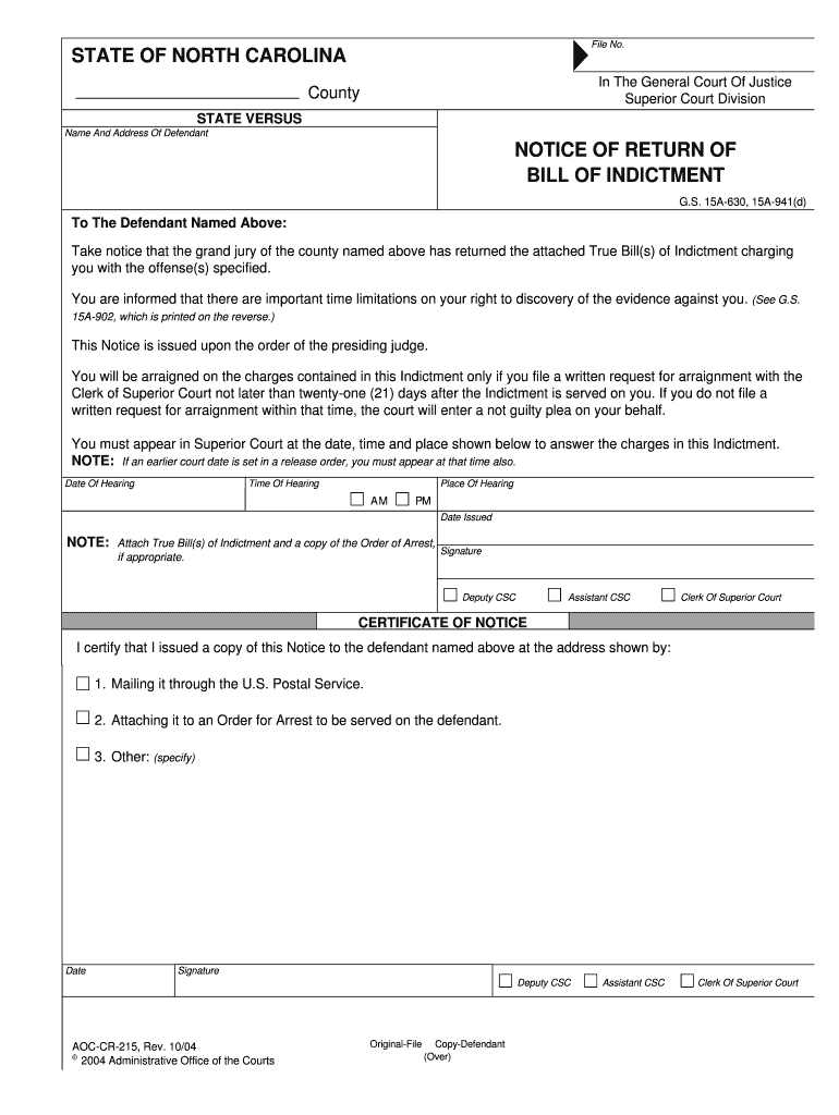 STATE of NORTH CAROLINA NOTICE of RETURN of BILL  Form