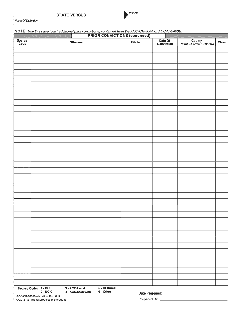 Form AOC CR 600A Download Printable PDF, Worksheet Prior