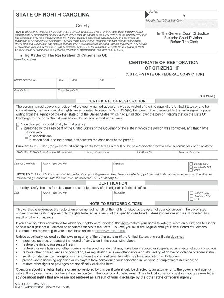 Form AOC CR 919 Download Fillable PDF, Certificate of