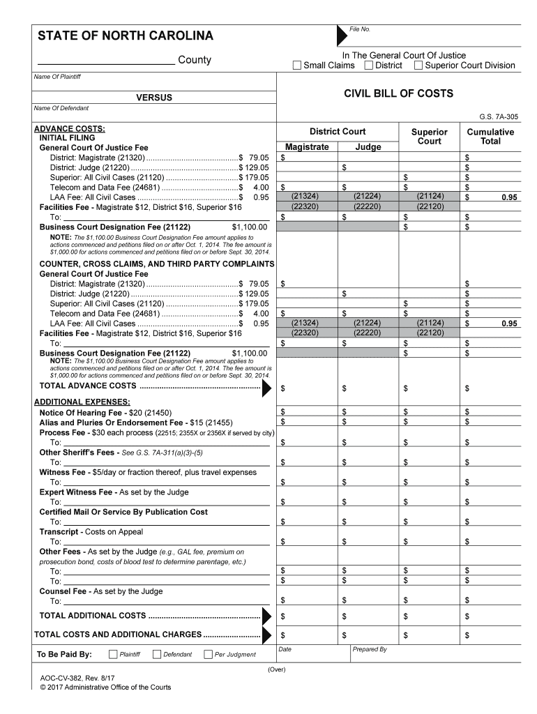 CIVIL BILL of COSTS  Form