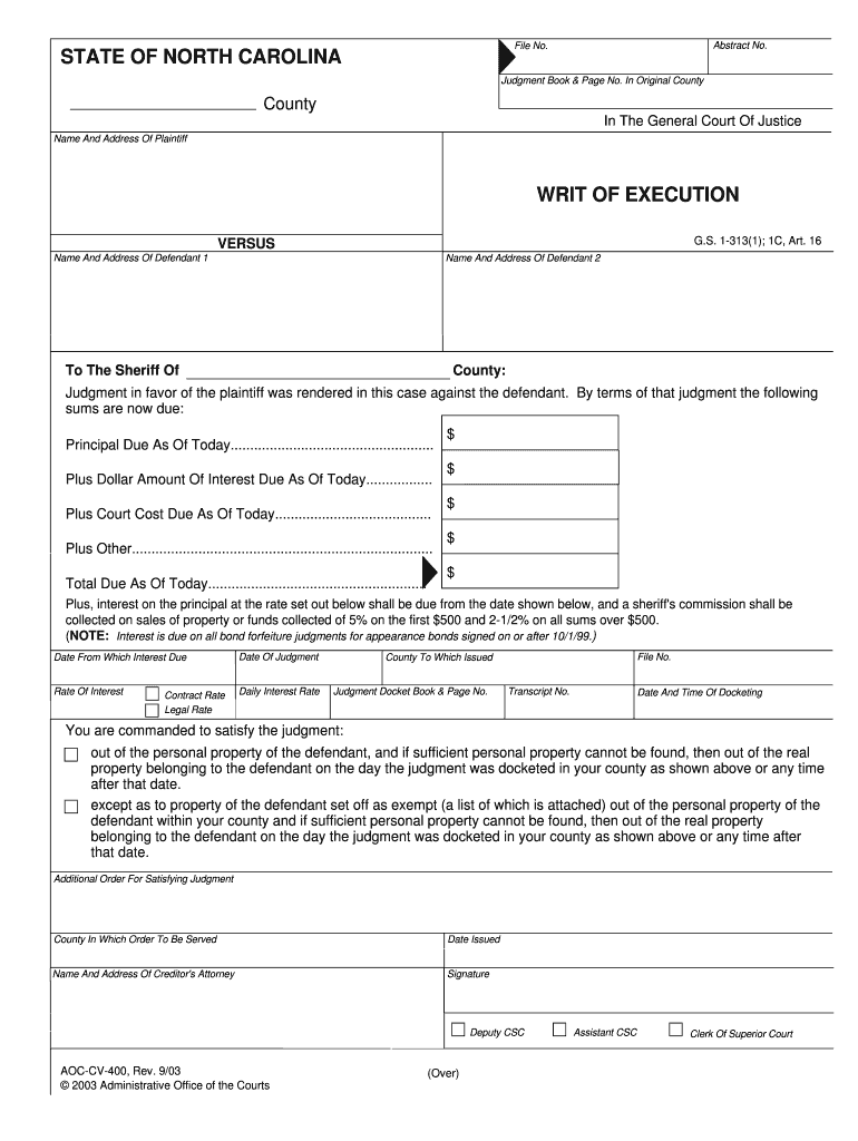 North Carolina Writ of Execution Fill Online, Printable  Form
