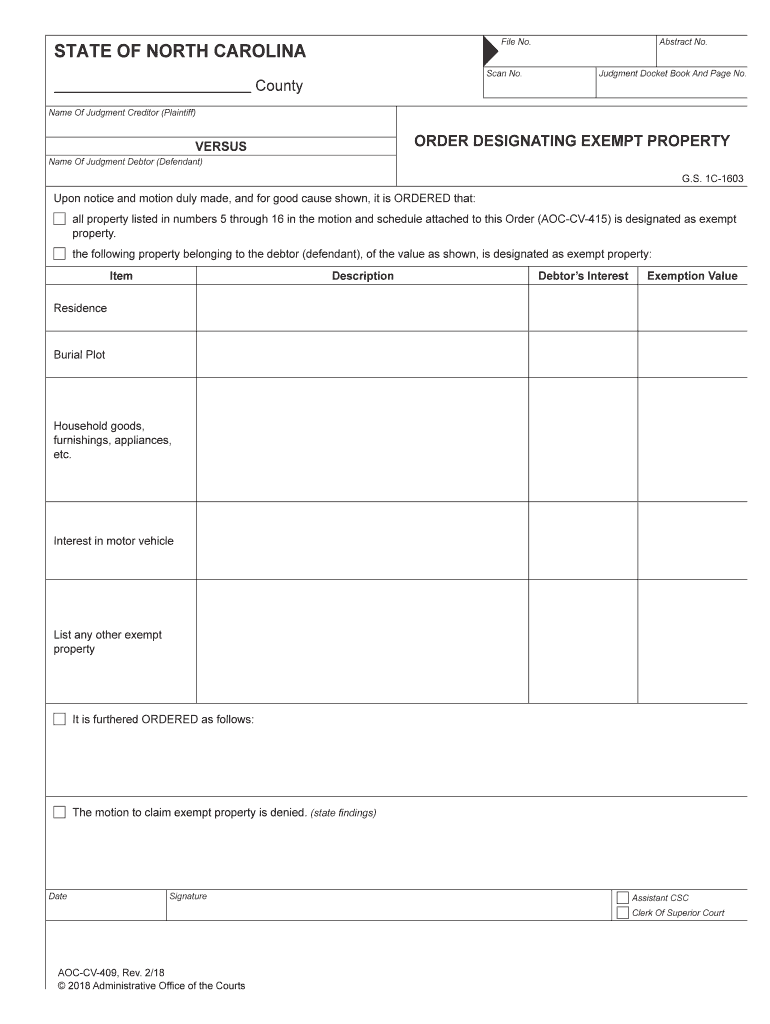 Order Designating Exempt Property AOC CV 409  Form