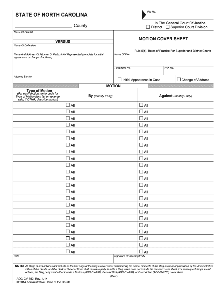 Motion Cover Sheet North Carolina Judicial Branch  Form