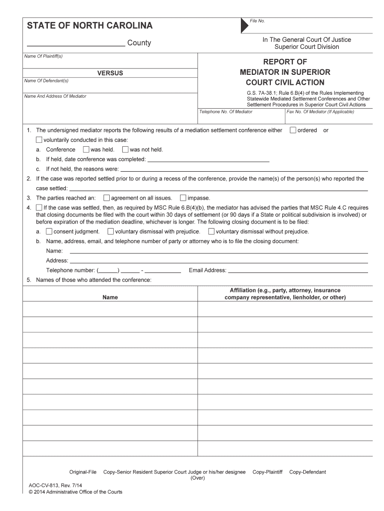 Report of Mediator in Superior Court Civil ActionNorth  Form