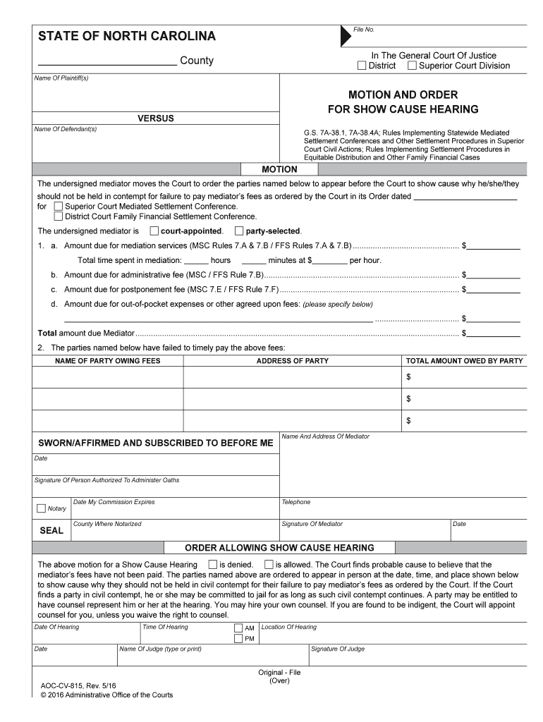 Motion and Order to Show Cause Pro Se Packet North  Form