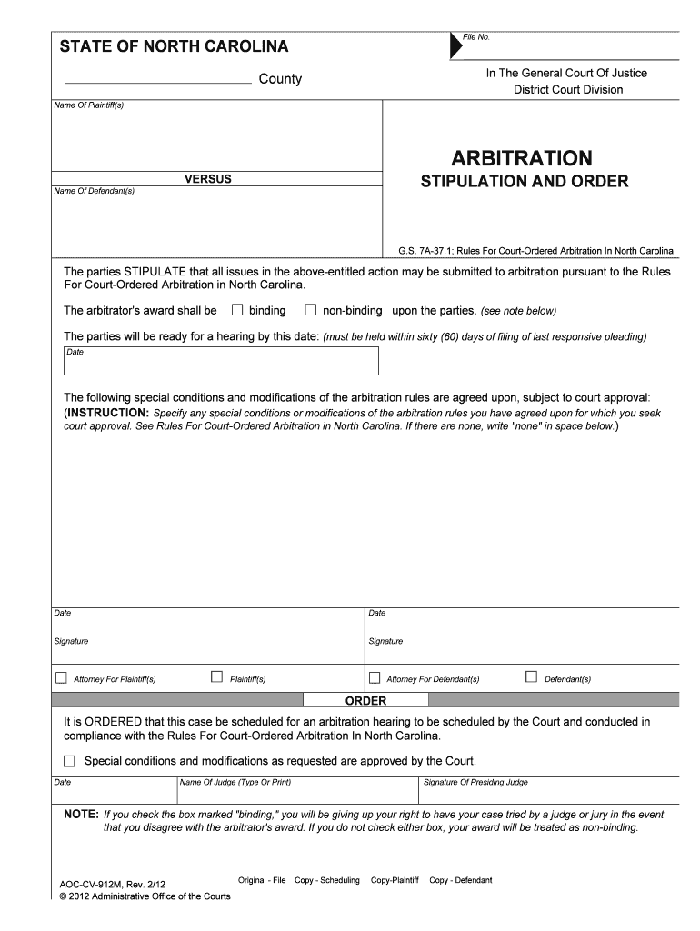 Court Ordered Arbitration RulesNorth Carolina Judicial Branch  Form