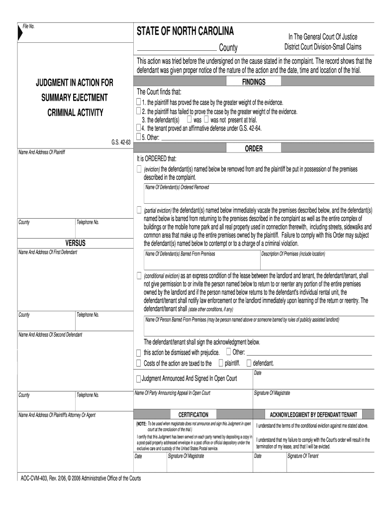 Judgment in Action for Summary Ejectment Criminal Activity  Form