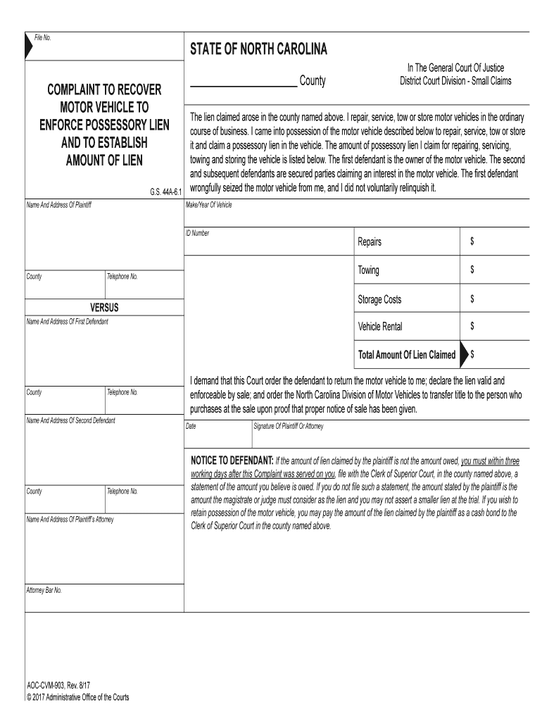 Complaint to Recover Motor Vehicle to Enforce Possessory  Form