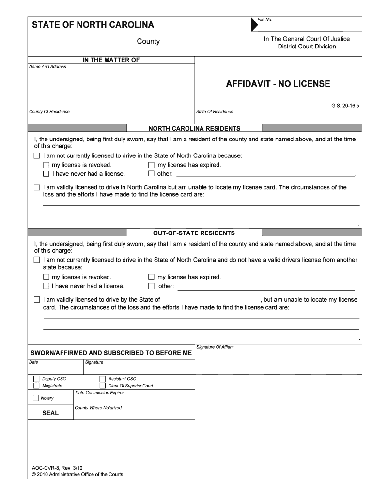 AFFIDAVIT NO LICENSE  Form