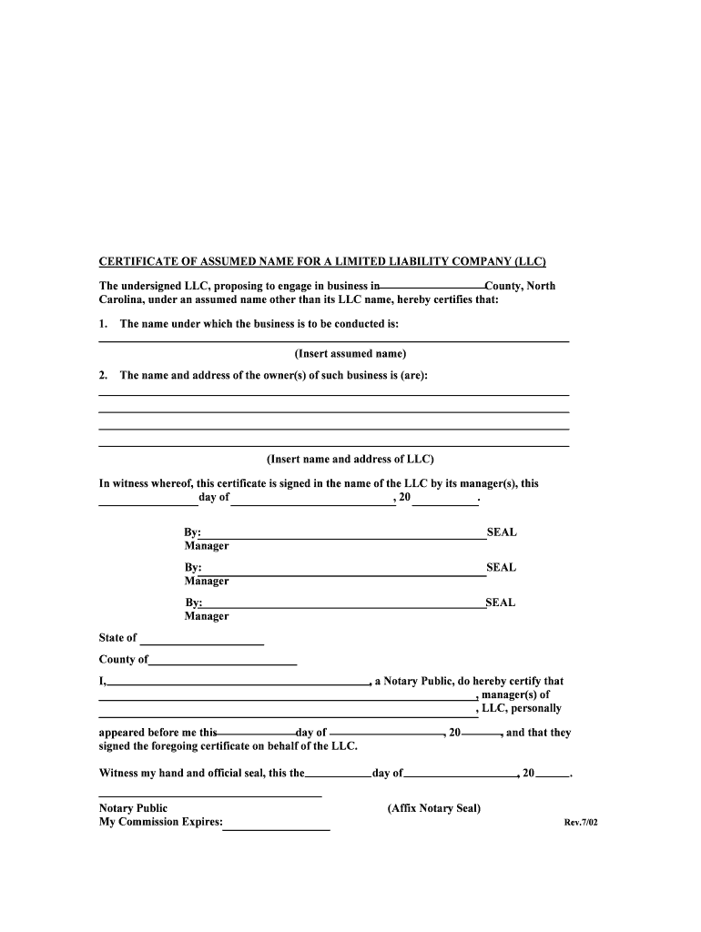 Certificate of Assumed Name for a Limited Liability Duplin  Form