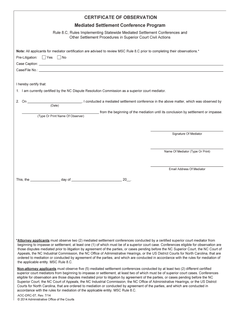 Certificate of Observation Mediated Settlement Conference  Form