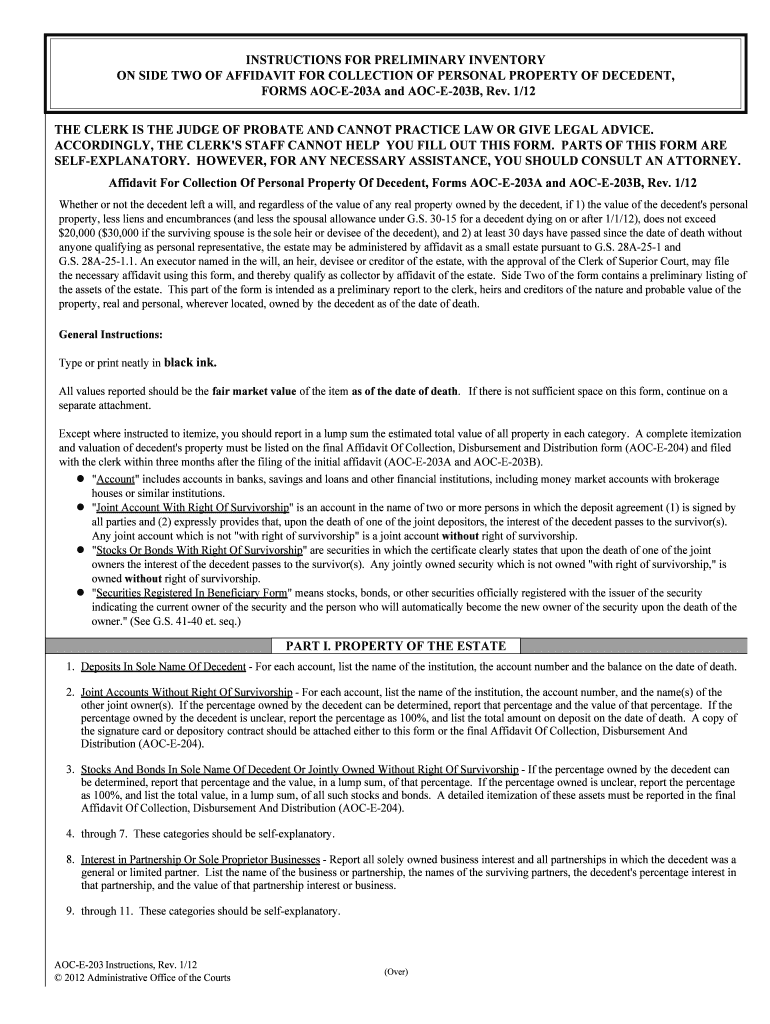 Instructions for Preliminary Inventory on Side Two of Affidavit  Form