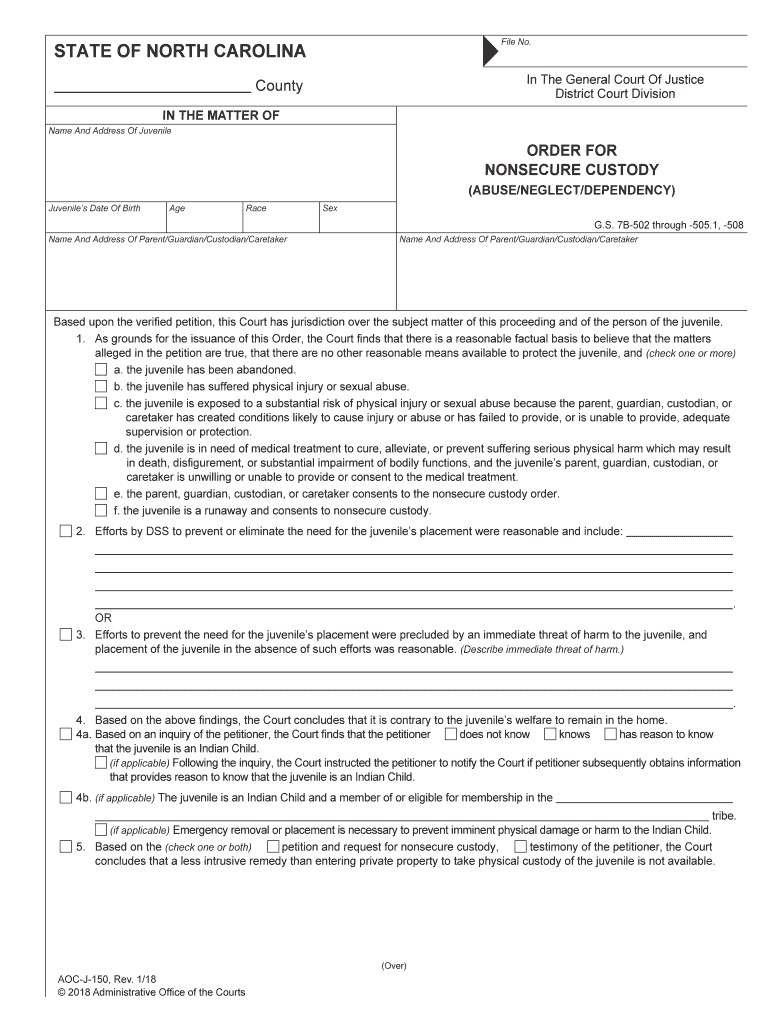 Order for Nonsecure Custody AbuseNeglectDependency AOC J 150  Form