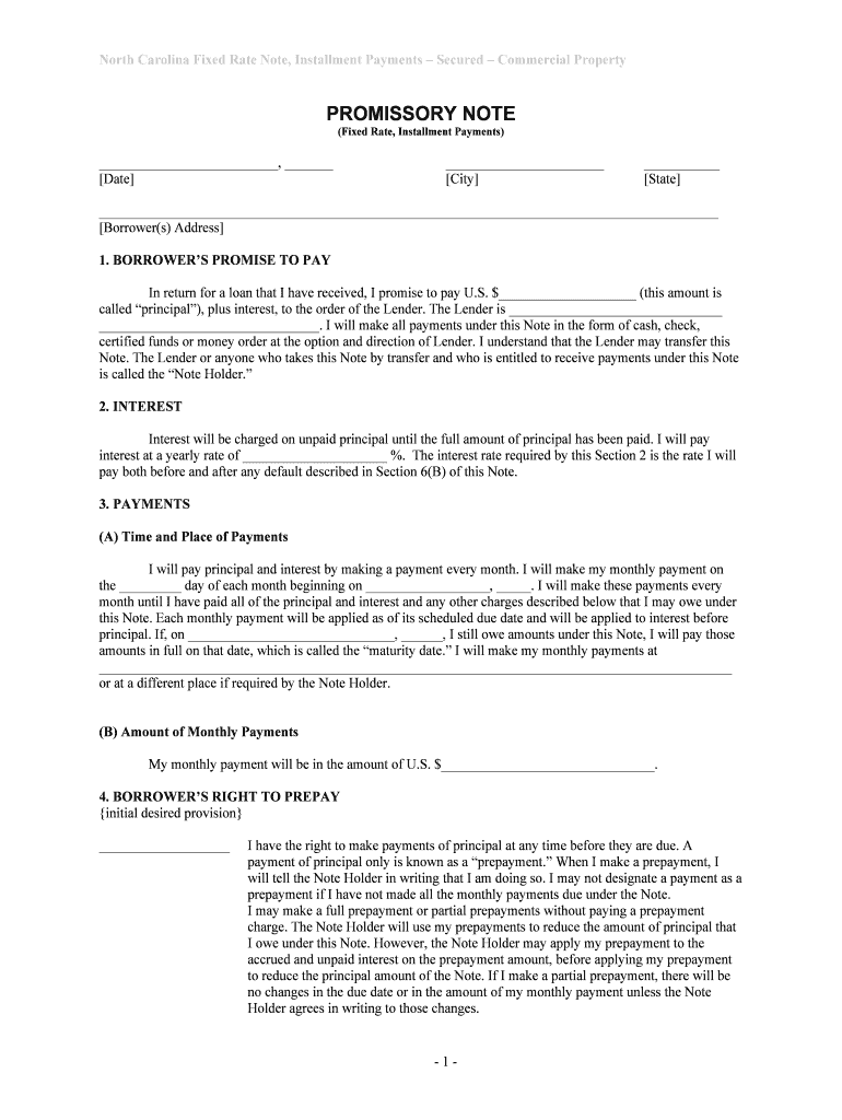 North Carolina Fixed Rate Note, Installment Payments Secured Commercial Property  Form