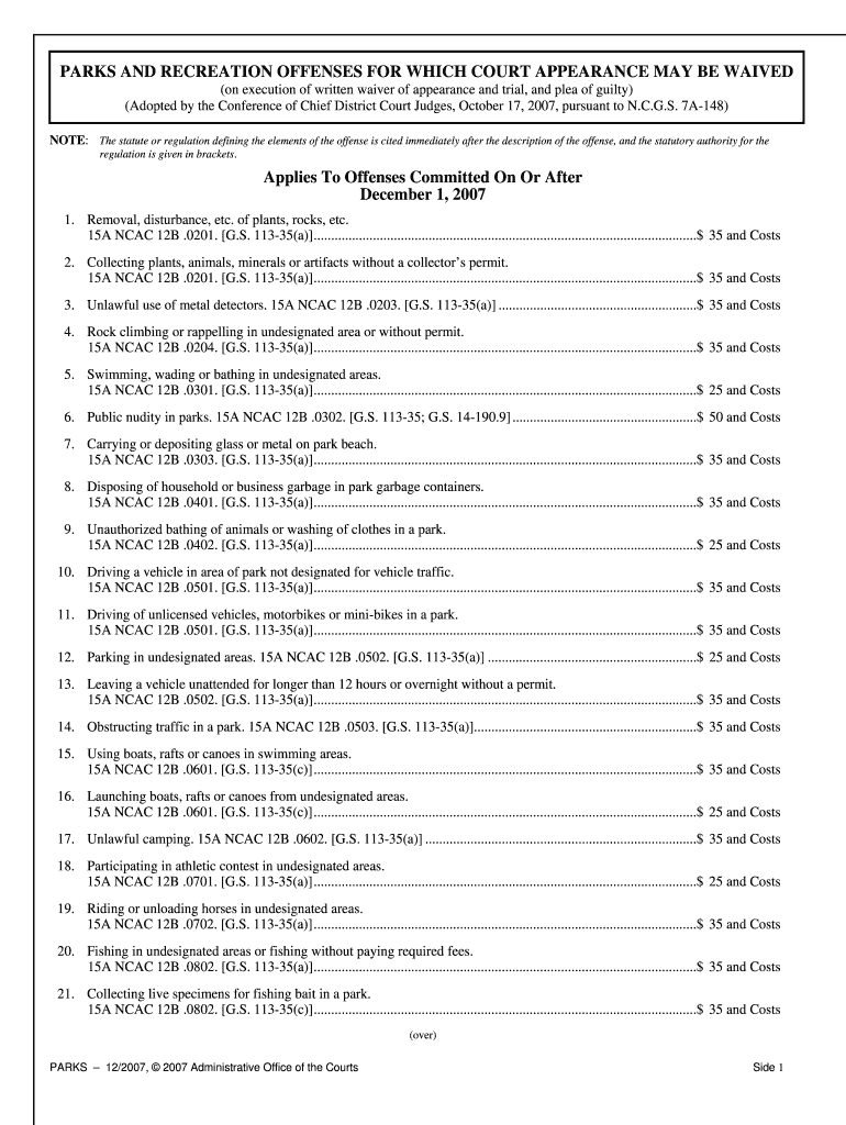 PARKS and RECREATION OFFENSES for WHICH COURT APPEARANCE MAY  Form