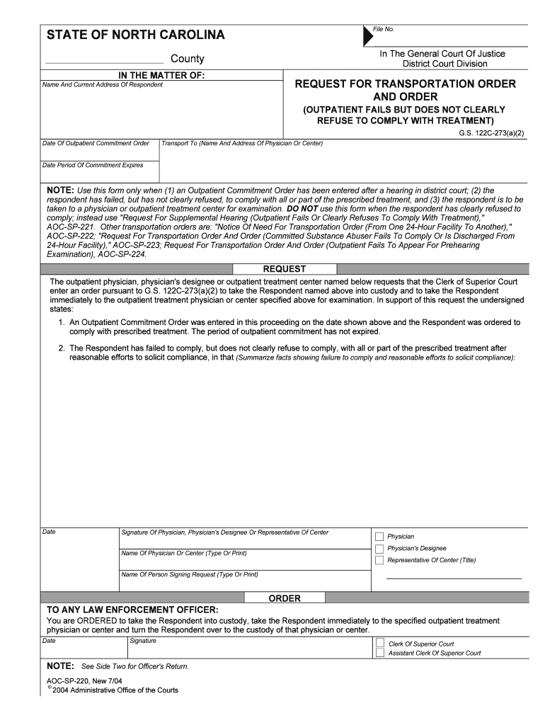 Notice of Need for Transportation Order and Order  Form