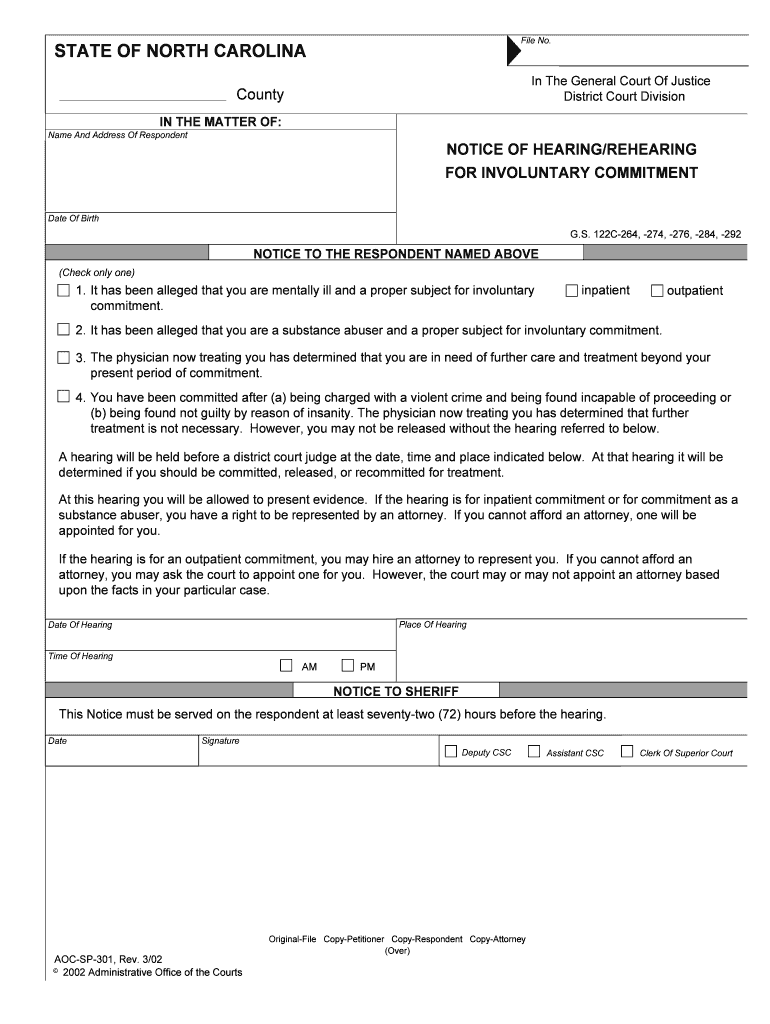 Criteria for Involuntary Commitment in North Carolina UNC  Form