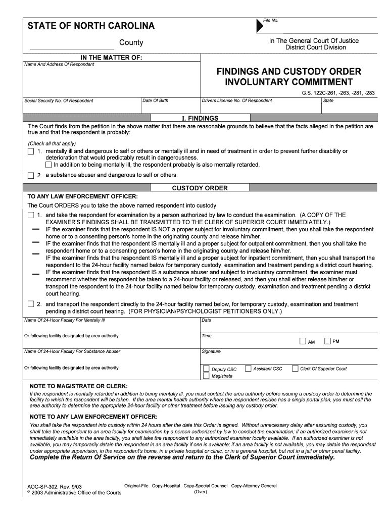 Involuntary Commitment UNC School of Government  Form