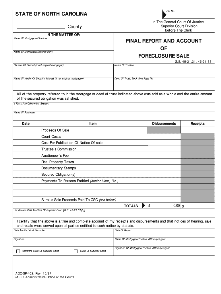State of North Carolina Final Report and Account of Foreclosure  Form