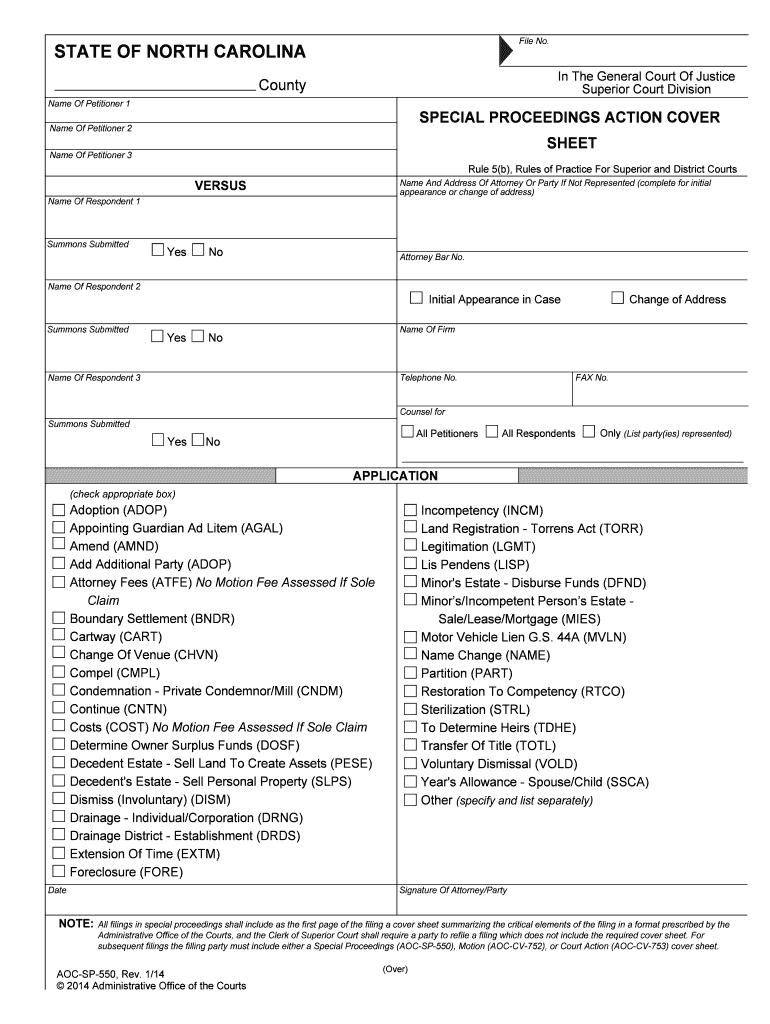 SPECIAL PROCEEDINGS ACTION COVER  Form