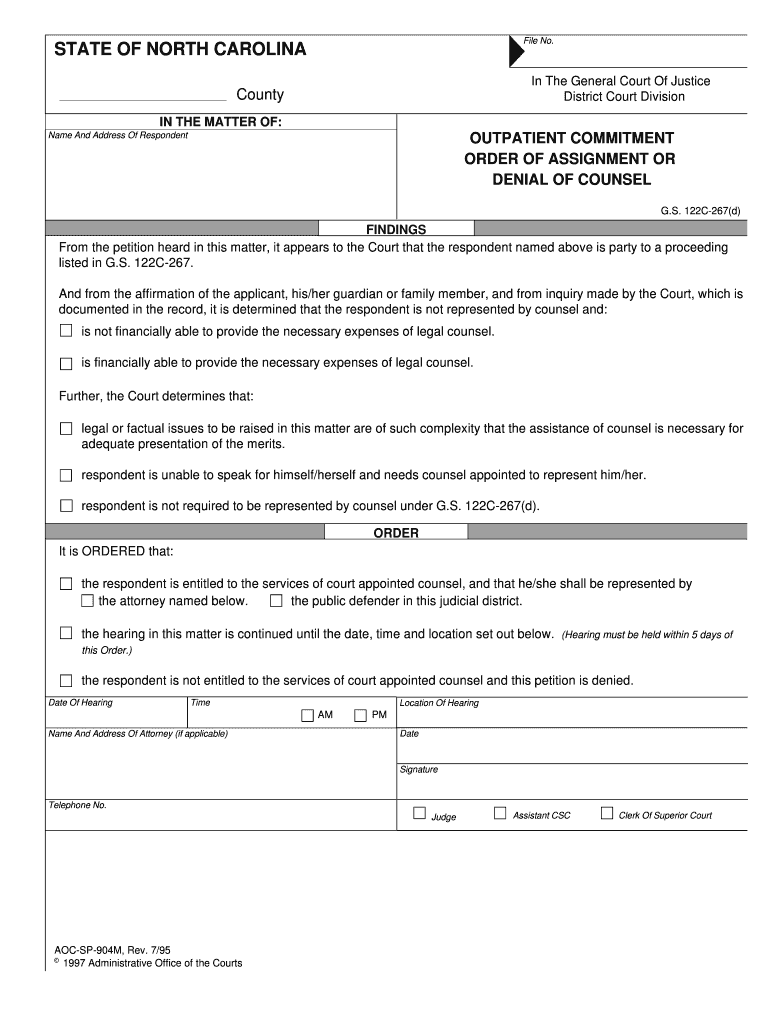 Order of Assignment or Denial of Counsel State of North Carolina  Form