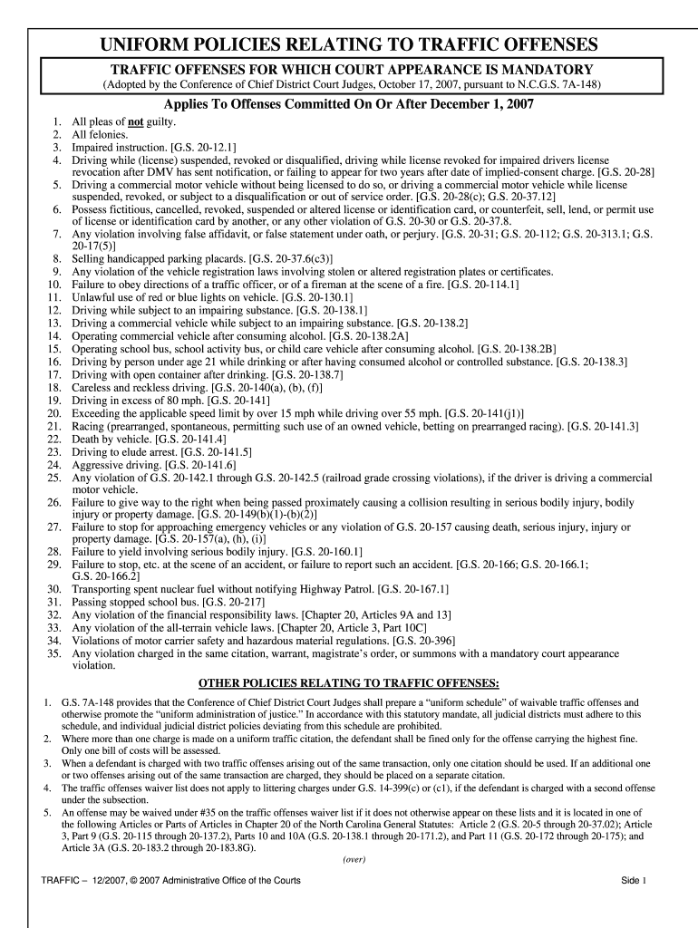 TRAFFIC OFFENSES for WHICH COURT APPEARANCE is MANDATORY  Form