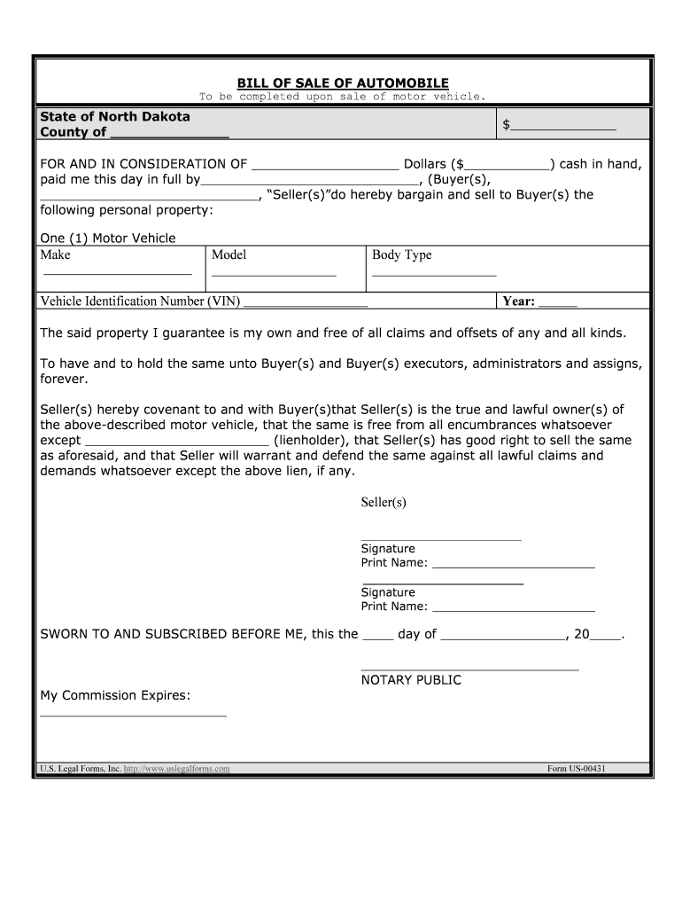 North Dakota Vehicle Bill of Sale Form Templates Fillable