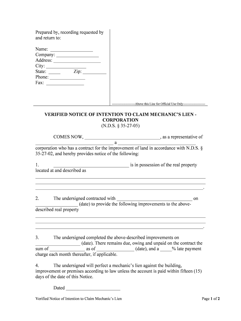 VERIFIED NOTICE of INTENTION to CLAIM MECHANICS LIEN CORPORATION  Form