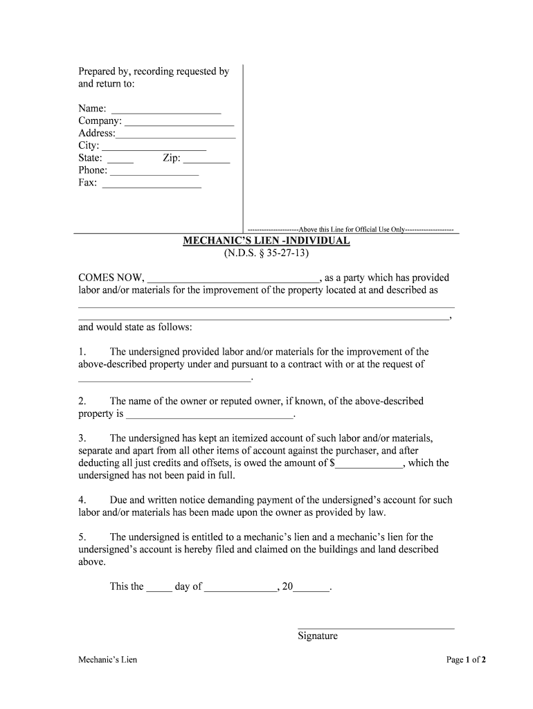 MECHANICS LIEN INDIVIDUAL  Form