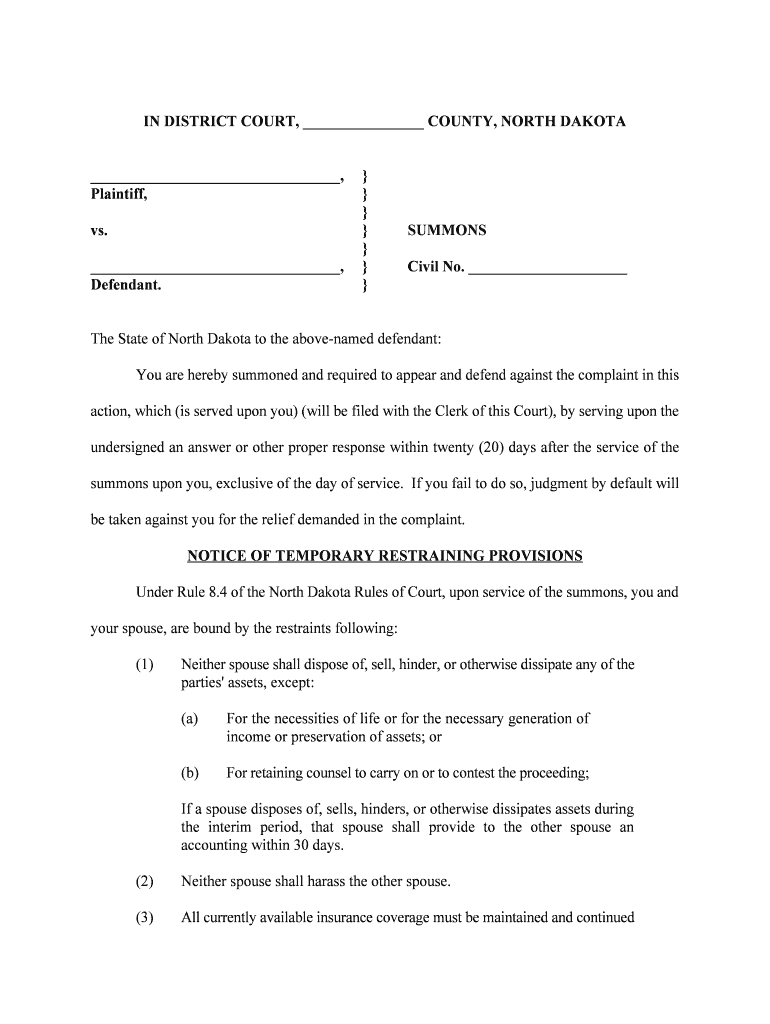 Summons FormDivorce or Separation Actions North