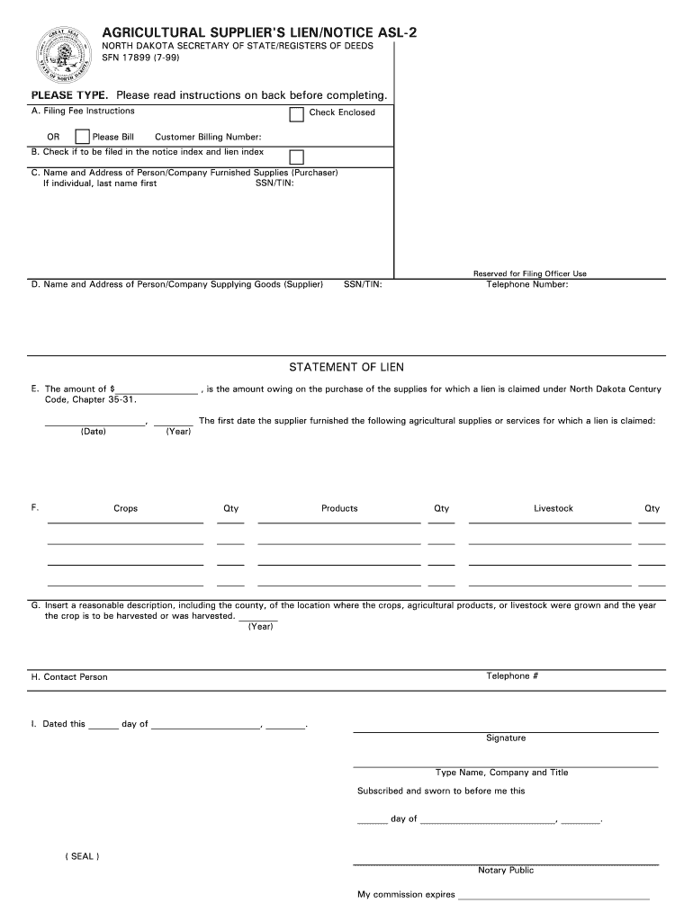 AGRICULTURAL SUPPLIER'S LIENNOTICE ASL 2  Form