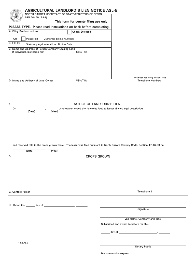 AGRICULTURAL LANDLORD'S LIEN NOTICE ASL 5  Form