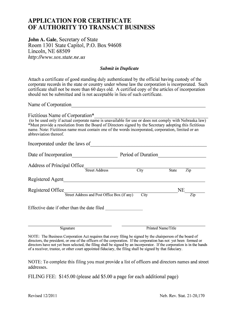 Nebraska Application for Certificate of Authority to Transact  Form