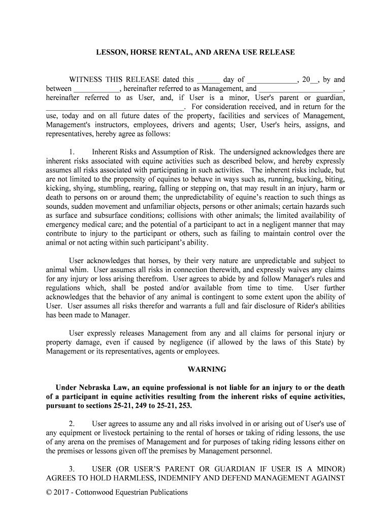 Of a Participant in Equine Activities Resulting from the Inherent Risks of Equine Activities,  Form