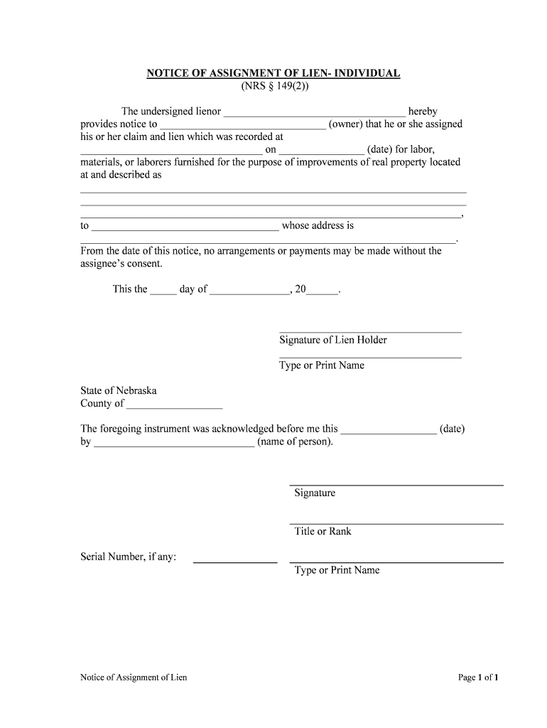 NOTICE of ASSIGNMENT of LIEN INDIVIDUAL  Form