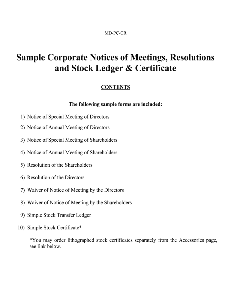 Sample Corporate Notices of Meetings, Resolutions  Form