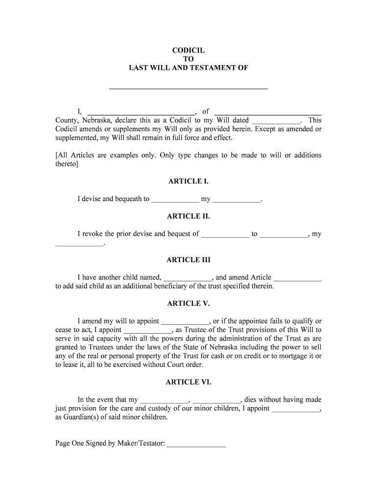 Nebraska Codicil to Amend Last Will &amp;amp; Testament Legal Form