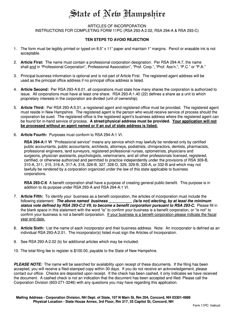 INSTRUCTIONS for COMPLETING FORM 11PC RSA 293 A2