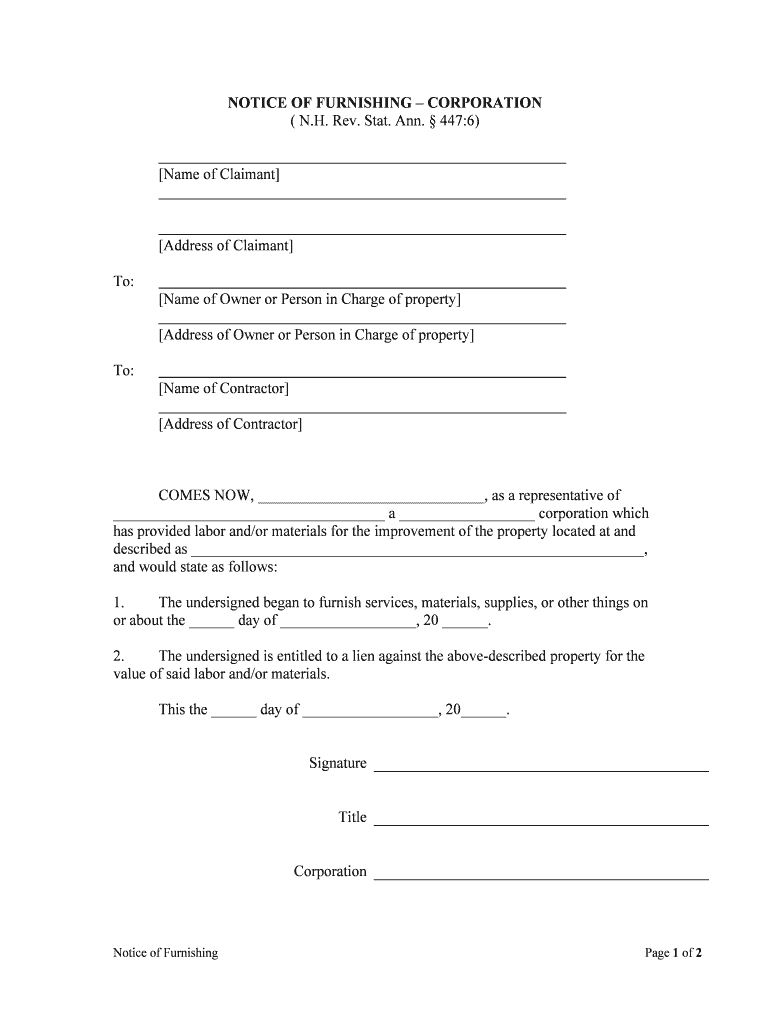 NOTICE of FURNISHINGCORPORATION  Form