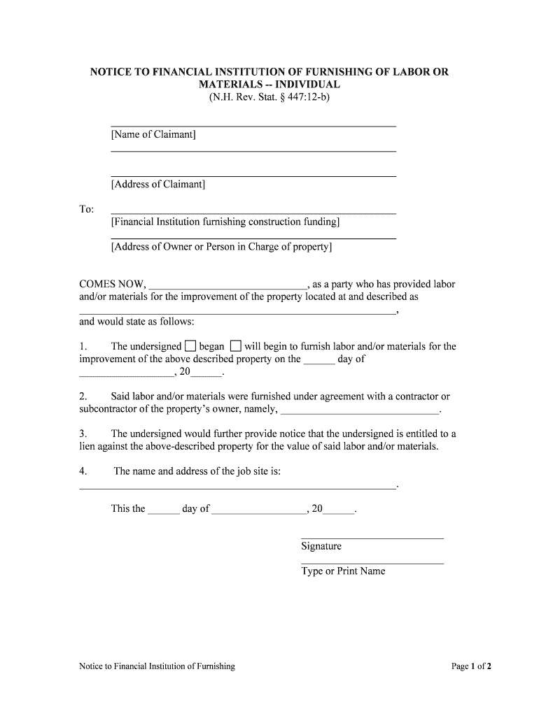 NOTICE to OWNER of FURNISHING of LABOR or MATEIRIALS INDIVIDUAL  Form