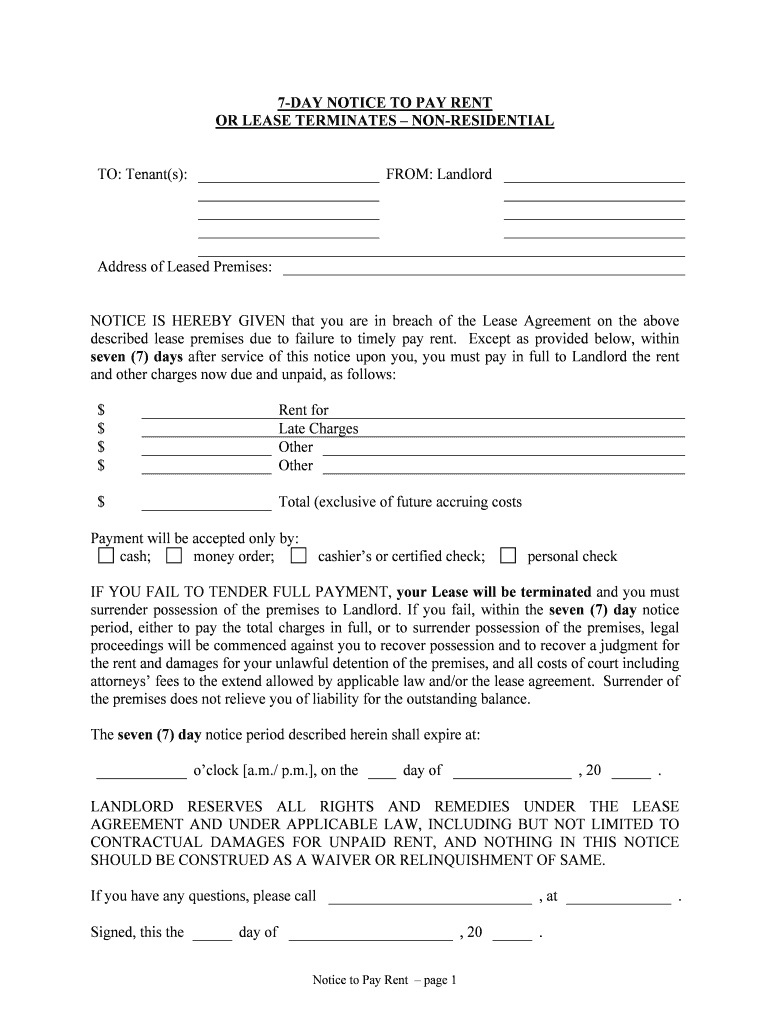 Michigan 7 Day Notice to Pay Rent or Lease Terminates  Form